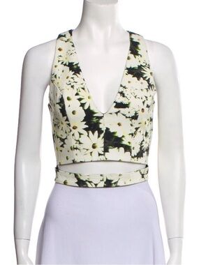 Nicholas Daisy Print V-Neck Cropped Tank Top - White/Green size 4, cut out detai